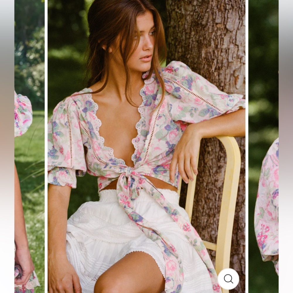 LoveShackFancy Floral Pink and White Blouse